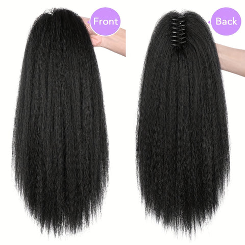 Image of 16" Fluffy Ponytail Hair Extensions 16 Inch Kinky Straight Ponytail Extension For Women Black Yaki Pony Tails Fluffy Synthetic Clip In Ponytail Hair Extensions Claw Clip On Ponytails For Women (16", 1B) Halloween Christmas-FrenzyAfricanFashion.com