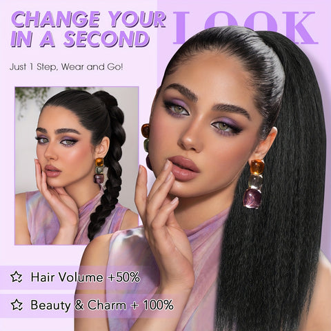 Image of 16" Fluffy Ponytail Hair Extensions 16 Inch Kinky Straight Ponytail Extension For Women Black Yaki Pony Tails Fluffy Synthetic Clip In Ponytail Hair Extensions Claw Clip On Ponytails For Women (16", 1B) Halloween Christmas-FrenzyAfricanFashion.com