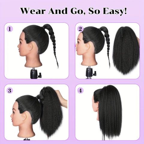 Image of 16" Fluffy Ponytail Hair Extensions 16 Inch Kinky Straight Ponytail Extension For Women Black Yaki Pony Tails Fluffy Synthetic Clip In Ponytail Hair Extensions Claw Clip On Ponytails For Women (16", 1B) Halloween Christmas-FrenzyAfricanFashion.com