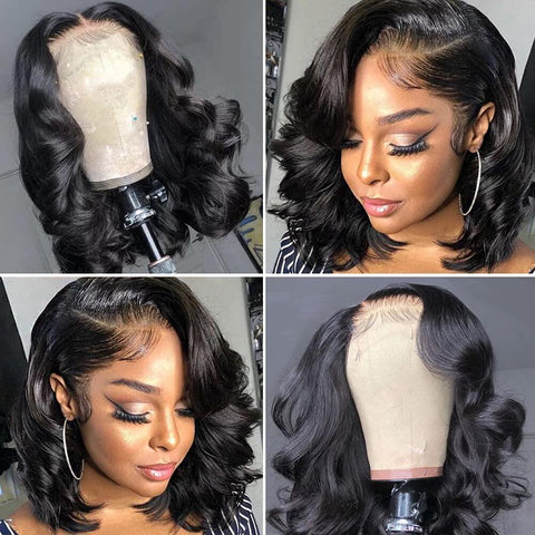 Image of Human Hair Wigs For Women Glueless Body Wave 4x4 Short Bob Wig Lace Closure Wig Peruvian Virgin Wavy Human Hair Wig PrePlucked-FrenzyAfricanFashion.com
