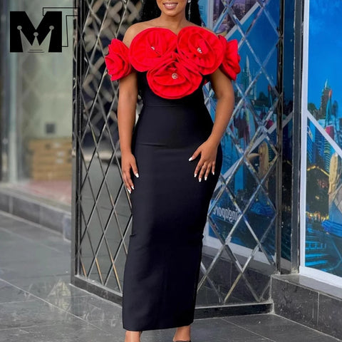 Image of MT elegant cocktail dress for women Sexy Off the Shoulder Big Florals Bandage Bodycon Long DressParty Birthday Homecoming-FrenzyAfricanFashion.com