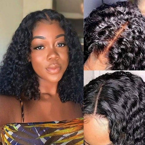 Image of Short Curly Bob Wig For Black Women Brazilian Human Hair Wigs Prepluck With Baby Hair Deep Water Wave Lace Frontal Closure Wig-FrenzyAfricanFashion.com