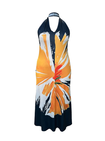 Image of Plus Size Casual Dress, Women's Plus Colorblock Random Print Halter Neck Backless Maxi Summer Dress-FrenzyAfricanFashion.com