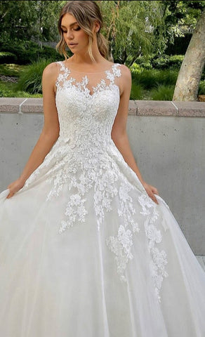 Image of Wedding Dress A-Line O-Neck Illusion Button Tulle Bridal Gown-FrenzyAfricanFashion.com