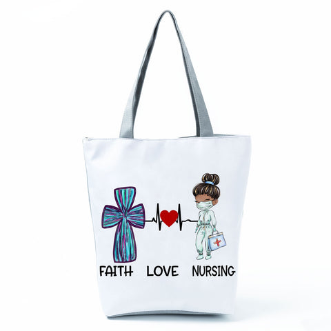 Image of Shopping Bags Women's Handbag Customized High Capacity Faith Love Nursing Reusable Nurse Letter Print Tote Shoulder Bag Portable-FrenzyAfricanFashion.com