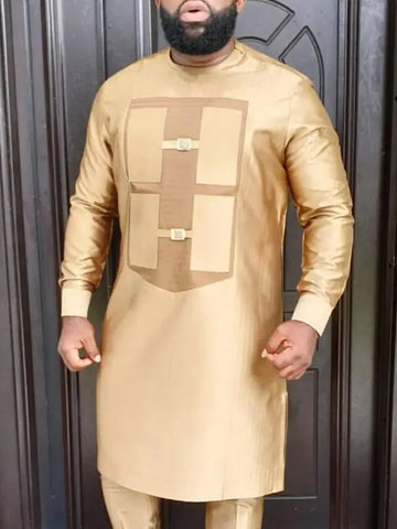 Image of Men's Elegant Long Sleeve Suit Shirt Pants 2-piece Solid Color Party Long Sleeve African Ethnic Style-FrenzyAfricanFashion.com