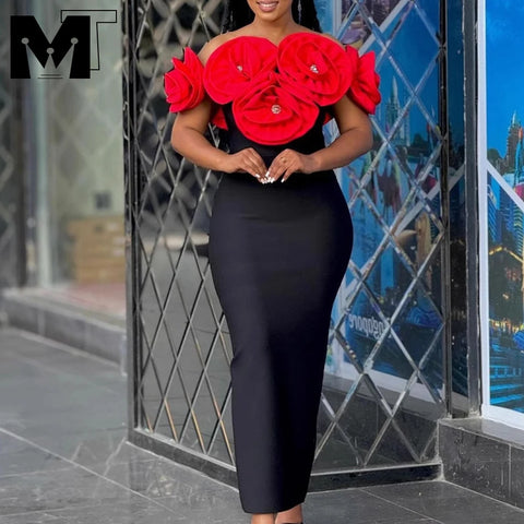 Image of MT elegant cocktail dress for women Sexy Off the Shoulder Big Florals Bandage Bodycon Long DressParty Birthday Homecoming-FrenzyAfricanFashion.com