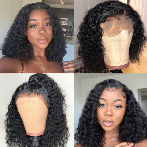 Image of Short Curly Bob Wig For Black Women Brazilian Human Hair Wigs Prepluck With Baby Hair Deep Water Wave Lace Frontal Closure Wig-FrenzyAfricanFashion.com