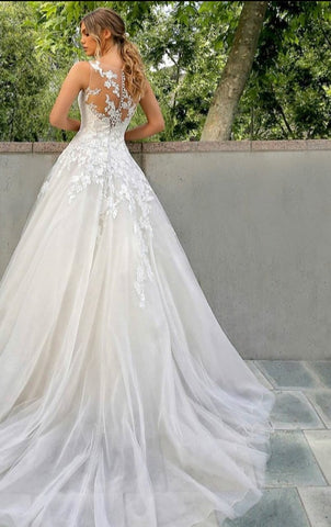 Image of Wedding Dress A-Line O-Neck Illusion Button Tulle Bridal Gown-FrenzyAfricanFashion.com