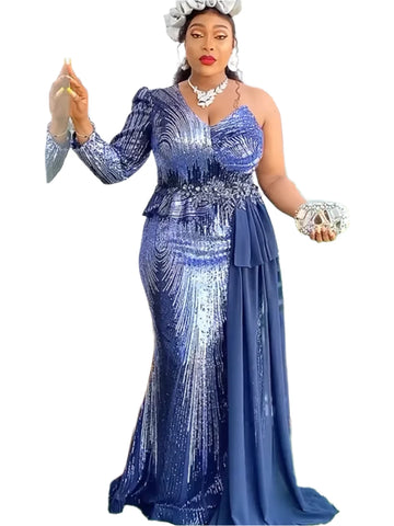 Image of Gold Sequin Long Women Party Dress Outfits One Hand Long sleeve-FrenzyAfricanFashion.com