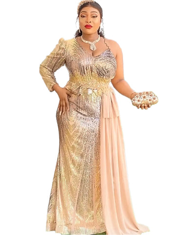 Image of Gold Sequin Long Women Party Dress Outfits One Hand Long sleeve-FrenzyAfricanFashion.com