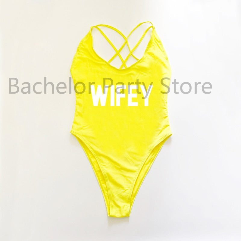 WIFEY Letter Print One Piece Swimwear Women Cross Back Bathing Suit Beachwear-FrenzyAfricanFashion.com