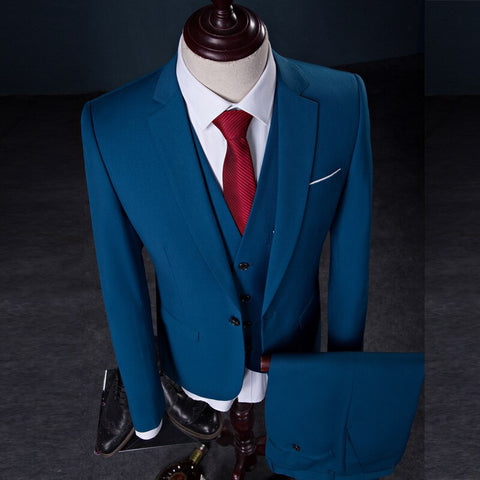 Image of Spring And Autumn High Quality 3Piece Bride Dress Slim Fit Wedding Evening Men Vest Suit Classic Solid Blue Formal Male Blazer-FrenzyAfricanFashion.com
