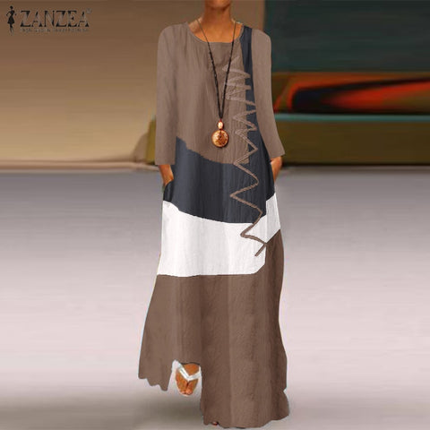 Image of ZANZEA 2022 Womens Autumn Sundress Stitching Maxi Dress Casual Long Sleeve Tunic Vestidos Female Cotton Linen Robe-FrenzyAfricanFashion.com