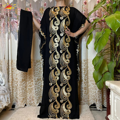Image of Women Abaya African Embroidery Flower Dress With Scarf-FrenzyAfricanFashion.com
