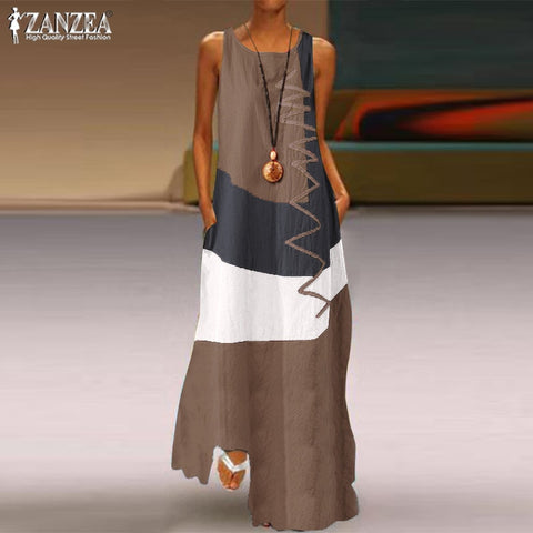 Image of ZANZEA 2022 Womens Autumn Sundress Stitching Maxi Dress Casual Long Sleeve Tunic Vestidos Female Cotton Linen Robe-FrenzyAfricanFashion.com