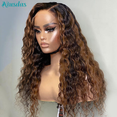 Image of Highlight Wig Human Hair Wigs Water Wave Lace Front Wig 4*4 Closure Wigs For Women Human Hair Niusdas Lace Wigs 150% Density-FrenzyAfricanFashion.com