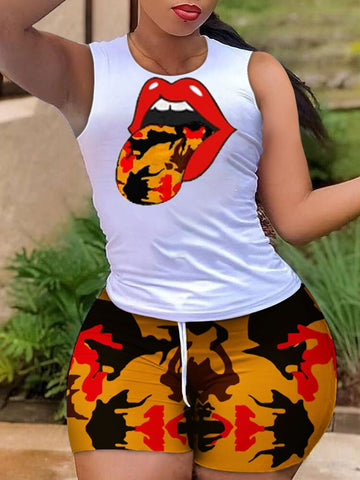 Image of Summer Women Casual Two Piece Set Round Neck Lip Print Sleeveless Top Drawstring Color block Shorts-FrenzyAfricanFashion.com