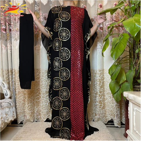Image of Women Abaya African Embroidery Flower Dress With Scarf-FrenzyAfricanFashion.com