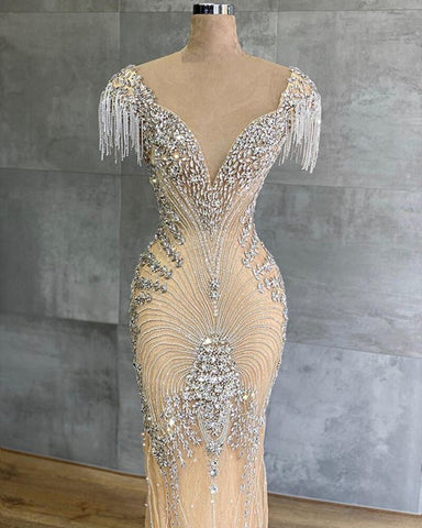 Image of New Arabic Illusion V-neck Evening Dresses 2020 Crystal Beaded Dubai Prom Dress Party Gown robe de soiree-FrenzyAfricanFashion.com