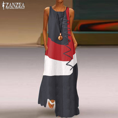Image of ZANZEA 2022 Womens Autumn Sundress Stitching Maxi Dress Casual Long Sleeve Tunic Vestidos Female Cotton Linen Robe-FrenzyAfricanFashion.com
