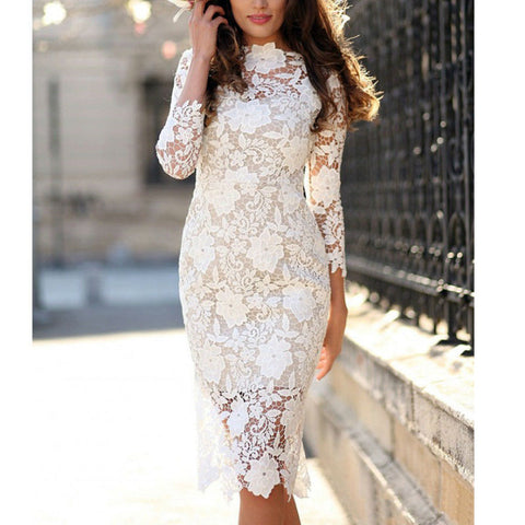 Image of Fashion Designer White Lace Party dress Women Sexy Long Sleeve Lace Crochet Hollow Out Slim Bodycon Dress-FrenzyAfricanFashion.com