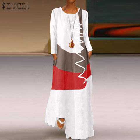 Image of ZANZEA 2022 Womens Autumn Sundress Stitching Maxi Dress Casual Long Sleeve Tunic Vestidos Female Cotton Linen Robe-FrenzyAfricanFashion.com