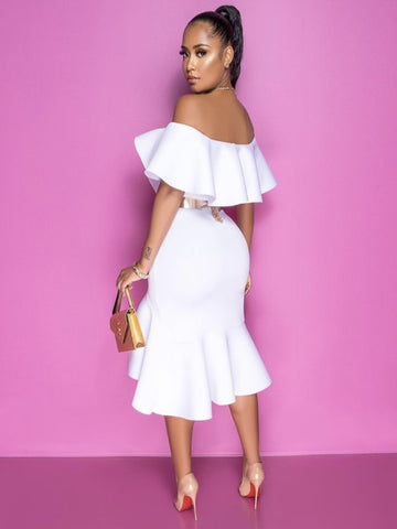 Image of Women Summer Sexy Off-Shoulder Midi White Tunics Dress Ladies Evening Party Fishtail Dresses-FrenzyAfricanFashion.com