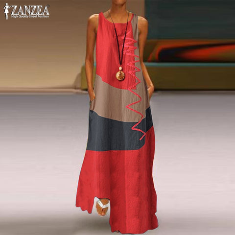 Image of ZANZEA 2022 Womens Autumn Sundress Stitching Maxi Dress Casual Long Sleeve Tunic Vestidos Female Cotton Linen Robe-FrenzyAfricanFashion.com