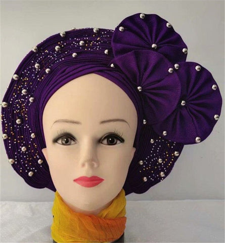 Image of African headtie nigerian gele headties with beads and stones women head wrap sewing fabric for party 1set-FrenzyAfricanFashion.com