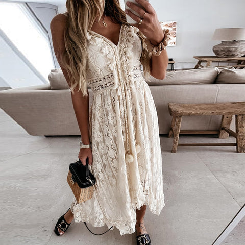 Image of Off Shoulder Lace Patchwork Elegant Dress Women Summer 2021 V Neck Spaghetti Strap Dress Female New Fashion Solid Party Dresses-FrenzyAfricanFashion.com