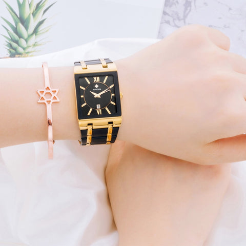 Image of Luxury Square Dress Black Gold Quartz Wrist Watch Stainless Steel Waterproof Women Watch-FrenzyAfricanFashion.com