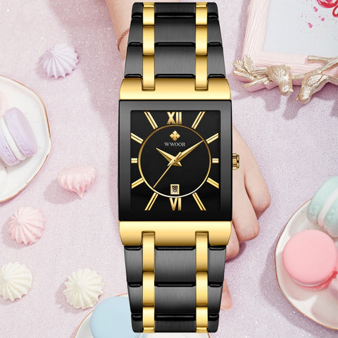 Image of Luxury Square Dress Black Gold Quartz Wrist Watch Stainless Steel Waterproof Women Watch-FrenzyAfricanFashion.com