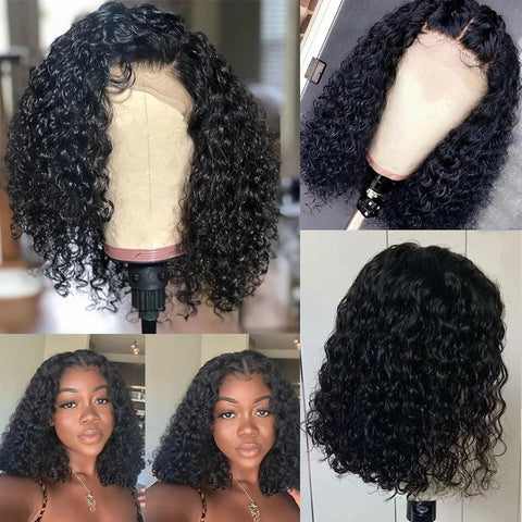 Image of Deep Wave 4x4 Lace Closure Pre Plucked Short Bob Lace Frontal Wigs-FrenzyAfricanFashion.com