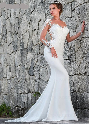 Image of Floniel Designer Long Sleeves Sheer Illusion Lace Appliques Mermaid Wedding Dresses Bridal Gowns See Through Back-FrenzyAfricanFashion.com