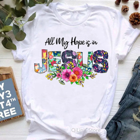 Image of All My Hope Is In Jesus Graphic Print T-Shirt Women-FrenzyAfricanFashion.com
