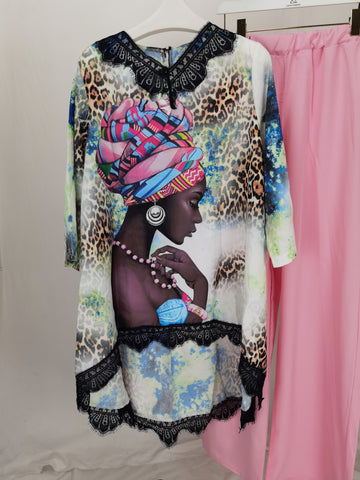 Image of African New Fashion Lace Collar Suit (Dress and Trousers)Bat SLeeve Suit Oversized African For Lady(KSTZ1#)-FrenzyAfricanFashion.com