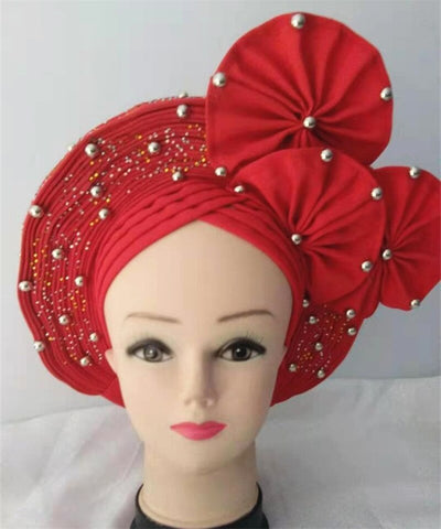 Image of African headtie nigerian gele headties with beads and stones women head wrap sewing fabric for party 1set-FrenzyAfricanFashion.com