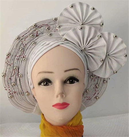 Image of African headtie nigerian gele headties with beads and stones women head wrap sewing fabric for party 1set-FrenzyAfricanFashion.com