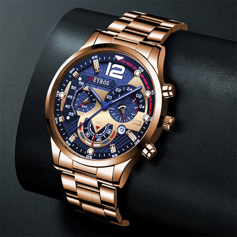 Image of Luxury Mens Watches Fashion Stainless Steel Quartz Wrist Watch Calendar Date Luminous Clock Men Business Casual Leather Watch-FrenzyAfricanFashion.com