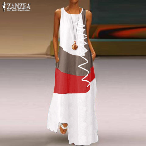 Image of ZANZEA 2022 Womens Autumn Sundress Stitching Maxi Dress Casual Long Sleeve Tunic Vestidos Female Cotton Linen Robe-FrenzyAfricanFashion.com