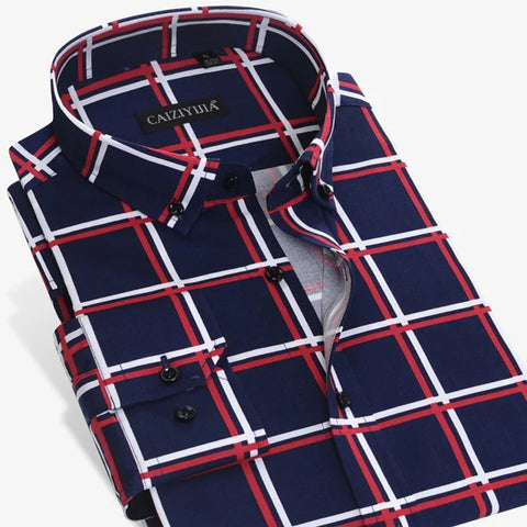 Image of Men's Non-iron Long-Sleeve Buffalo Plaid Shirt Without Pocket Button Down Collar Casual Standard-fit Gingham 100% Cotton Shirts-FrenzyAfricanFashion.com