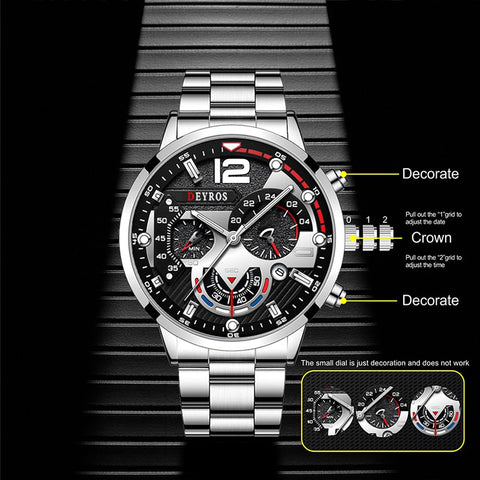 Image of Luxury Mens Watches Fashion Stainless Steel Quartz Wrist Watch Calendar Date Luminous Clock Men Business Casual Leather Watch-FrenzyAfricanFashion.com