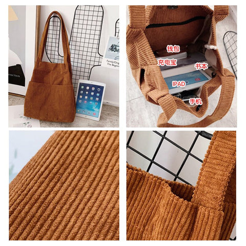 Image of Hylhexyr Corduroy Totes Bag Carry Shoulder Bag Retro Casual Handbags With Inner Pocket For School Work Beach Travel and Shopping-FrenzyAfricanFashion.com