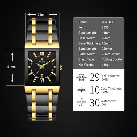 Image of Luxury Square Dress Black Gold Quartz Wrist Watch Stainless Steel Waterproof Women Watch-FrenzyAfricanFashion.com