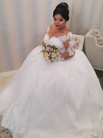 Image of Lace Wedding Dress Plus Size Illusion Long Sleeve Pearls Beading Appliques White Bridal Gowns-FrenzyAfricanFashion.com