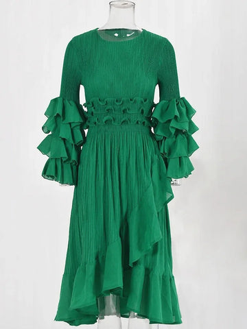 Image of Fashion Pleated Dress O-Neck Long Sleeved Solid Color-FrenzyAfricanFashion.com