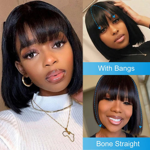 Image of Straight Human Hair Wigs With Bangs Short Bob For Women-FrenzyAfricanFashion.com