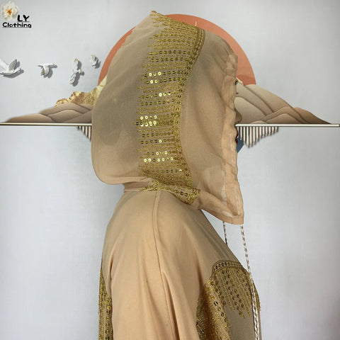 Image of 2024 Muslim Abayas For Women Prayer Garment Ramadan Chiffon Sequin Loose Long Sleeved Boubou Maxi Islam Femme Robe With Hooded-FrenzyAfricanFashion.com