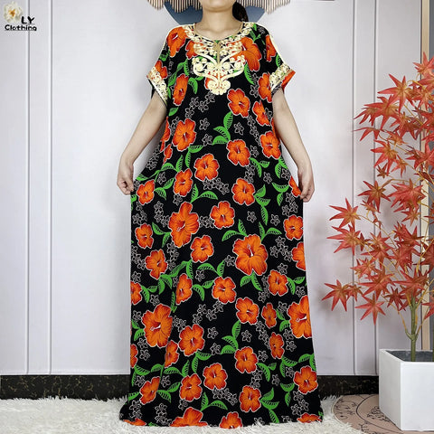 Image of Abaya Cotton Floral Printing Loose Maxi Casual Dress-FrenzyAfricanFashion.com